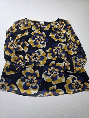 Cabi Lydia Floral Chiffon Blouse Top Navy Yellow Gold 3426 Size Small